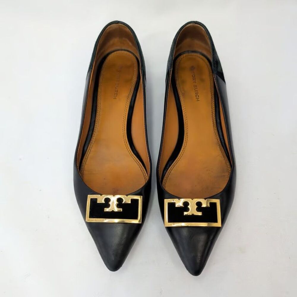 Tory Burch Jessa Pointed Toe Flats Black Leather Suede Gold Logo Womens 9.5